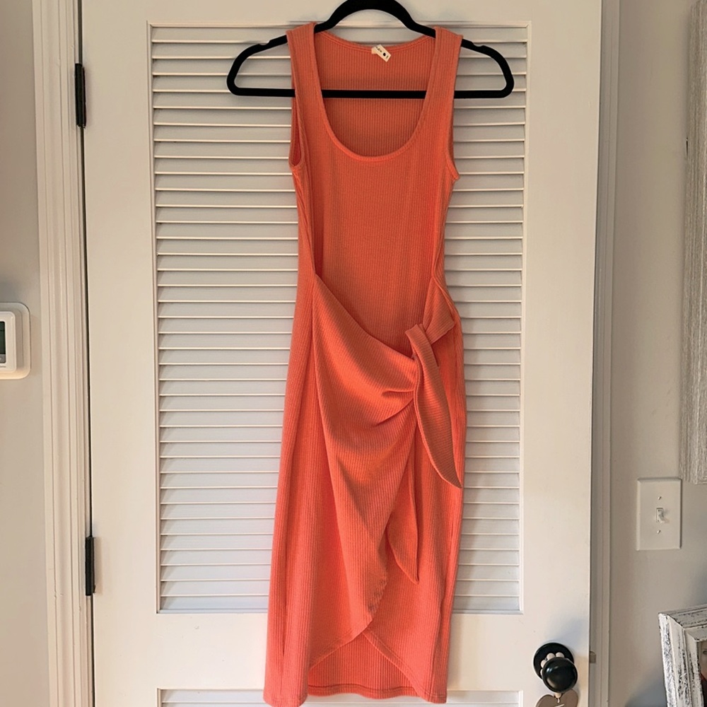 Wilmer Ribbed Front Tie Mini Dress Coral - Picture 4 of 4